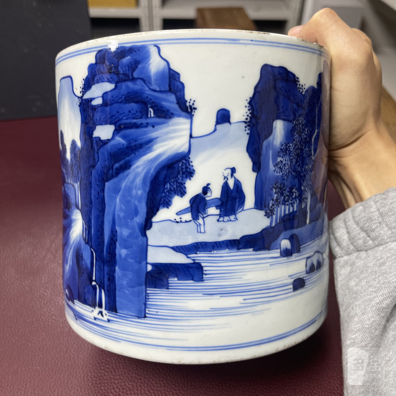 清康熙 青花山水人物图笔海 - 图3